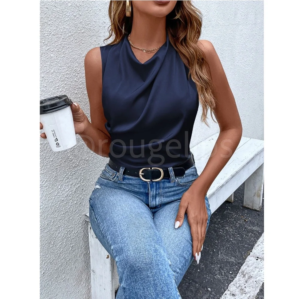Navy Blue Satin Cowl Draped Neck Sleeveless Top Blouse - Picture 4 of 7